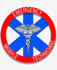 Logo for Emergency Mobile Technicians with a red border and blue background